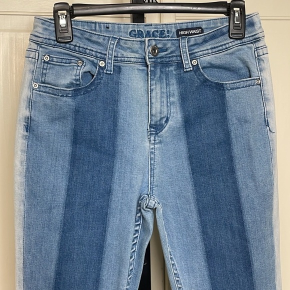 Grace in LA Women’s High Waist Retro 70’s Flared Three Tone Blue Jeans Size 28 - Picture 2 of 10